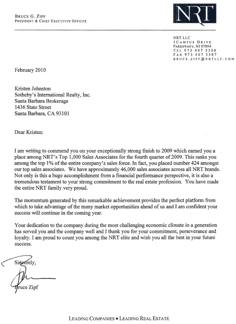 This letter commends Kris Johnston for achieving NRTs top 1000 sales associates, placing her in the top 1% of the entire company.